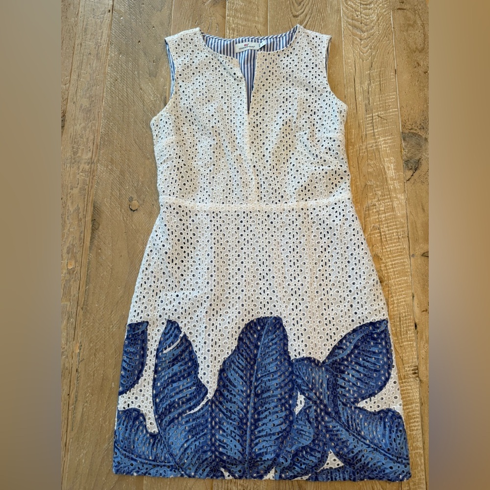 Vineyard Vines White Eyelet Dress with Blue Leaf Border